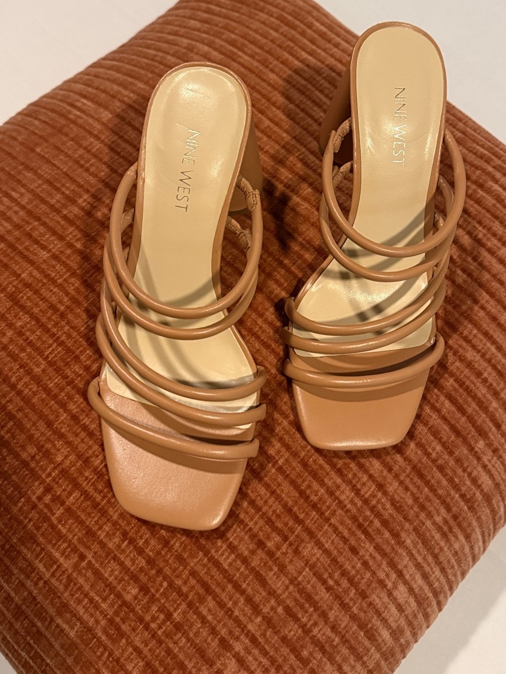 Nine West Nude Multi-Strap Slip On Square-Toe Block Heeled Slides